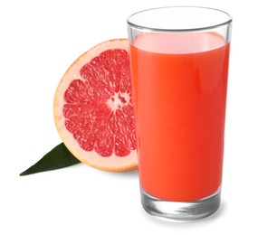 Photo of Tasty grapefruit juice in glass, fresh fruit and green leaf isolated on white