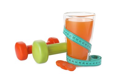 Photo of Tasty carrot shake, slices of fresh vegetable, dumbbells and measuring tape isolated on white. Weight loss