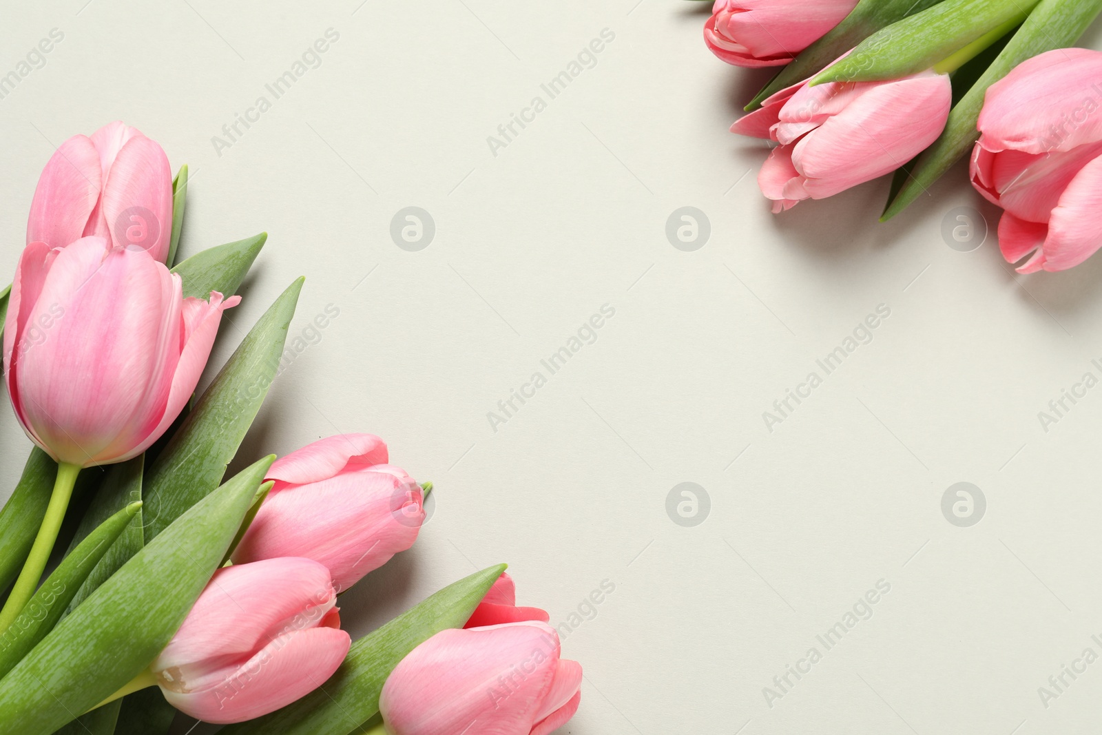 Photo of Happy Mother's Day. Beautiful tulips on light background, flat lay. Space for text