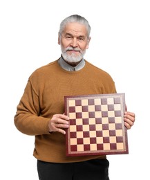 Photo of Man with chessboard on white background. Intellectual game