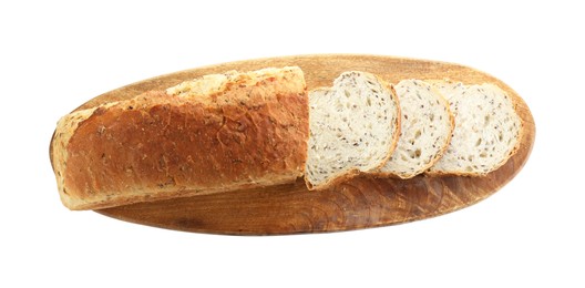 Photo of Freshly baked cut sourdough bread isolated on white, top view