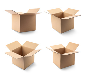 Image of Set of open cardboard boxes on white background