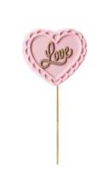 Photo of Heart shaped lollipop made of chocolate isolated on white