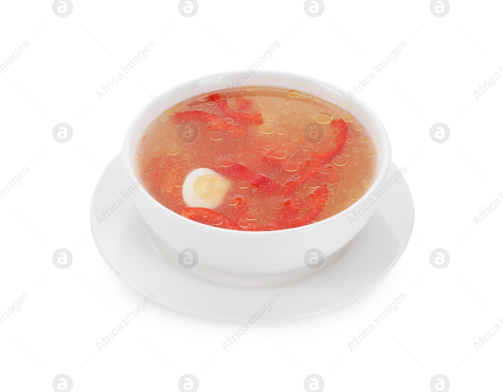 Photo of Tasty soup with egg and bell pepper in bowl isolated on white