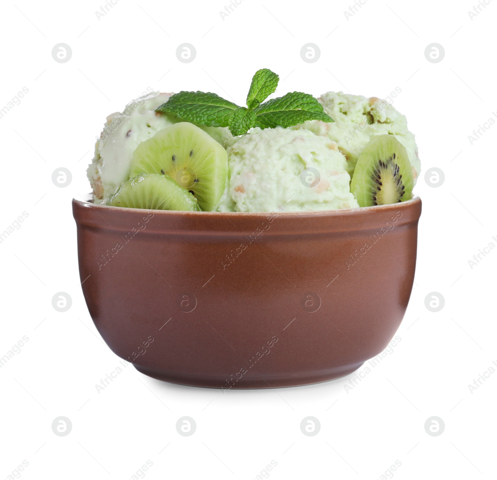Photo of Delicious ice cream with mint and kiwi in bowl isolated on white