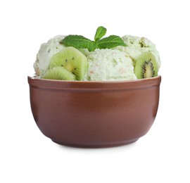 Delicious ice cream with mint and kiwi in bowl isolated on white