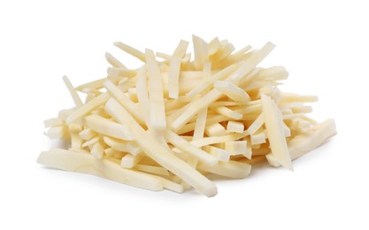 Pile of cut fresh parsnip on white background