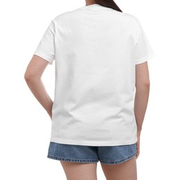 Photo of Woman in stylish t-shirt on white background, back view