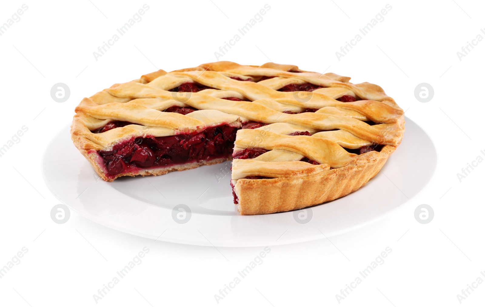 Photo of Delicious fresh cherry pie isolated on white
