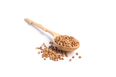 Photo of Spoon with uncooked buckwheat on white background