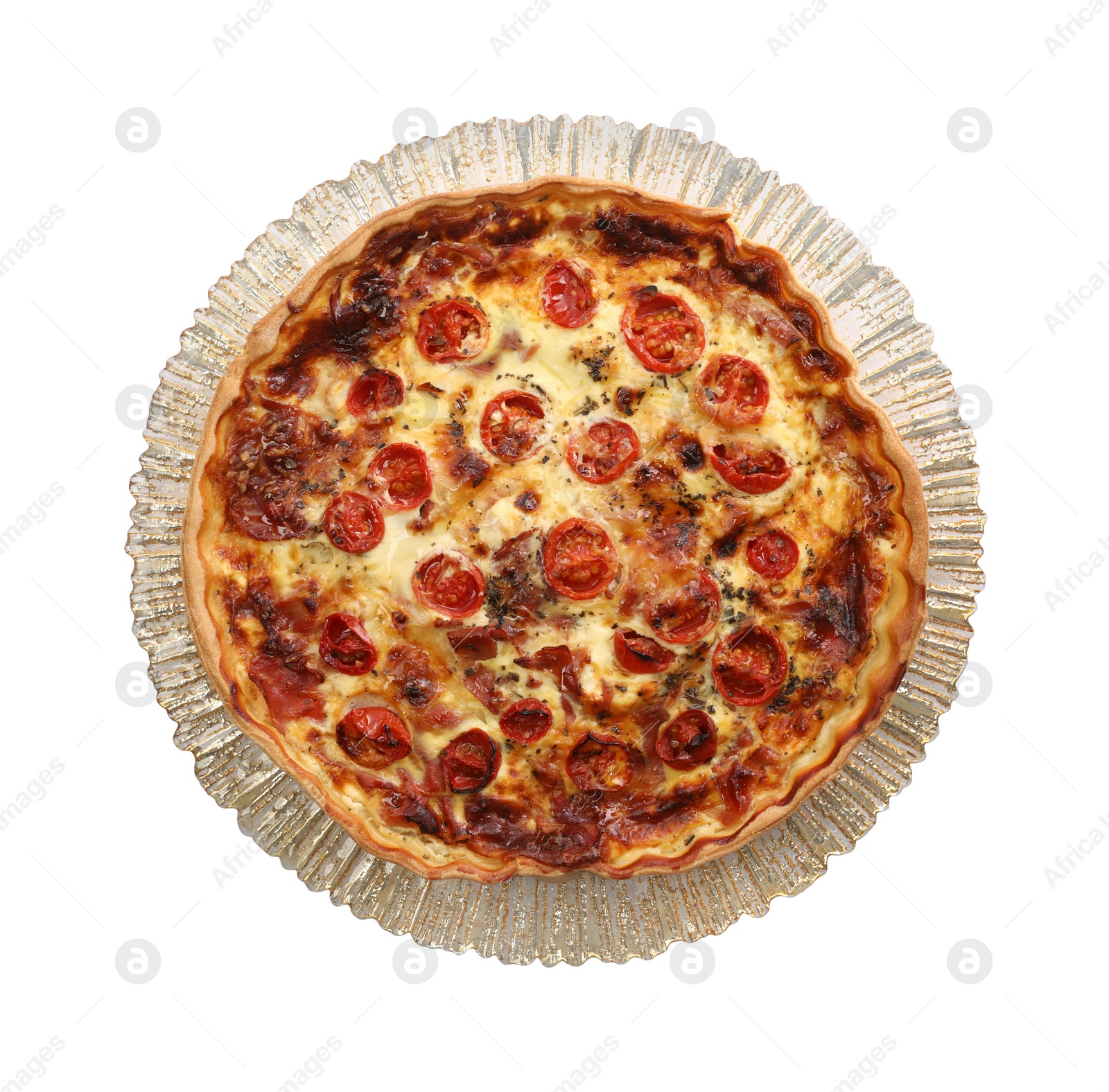 Photo of Delicious homemade quiche with prosciutto and tomatoes isolated on white, top view