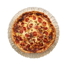 Delicious homemade quiche with prosciutto and tomatoes isolated on white, top view