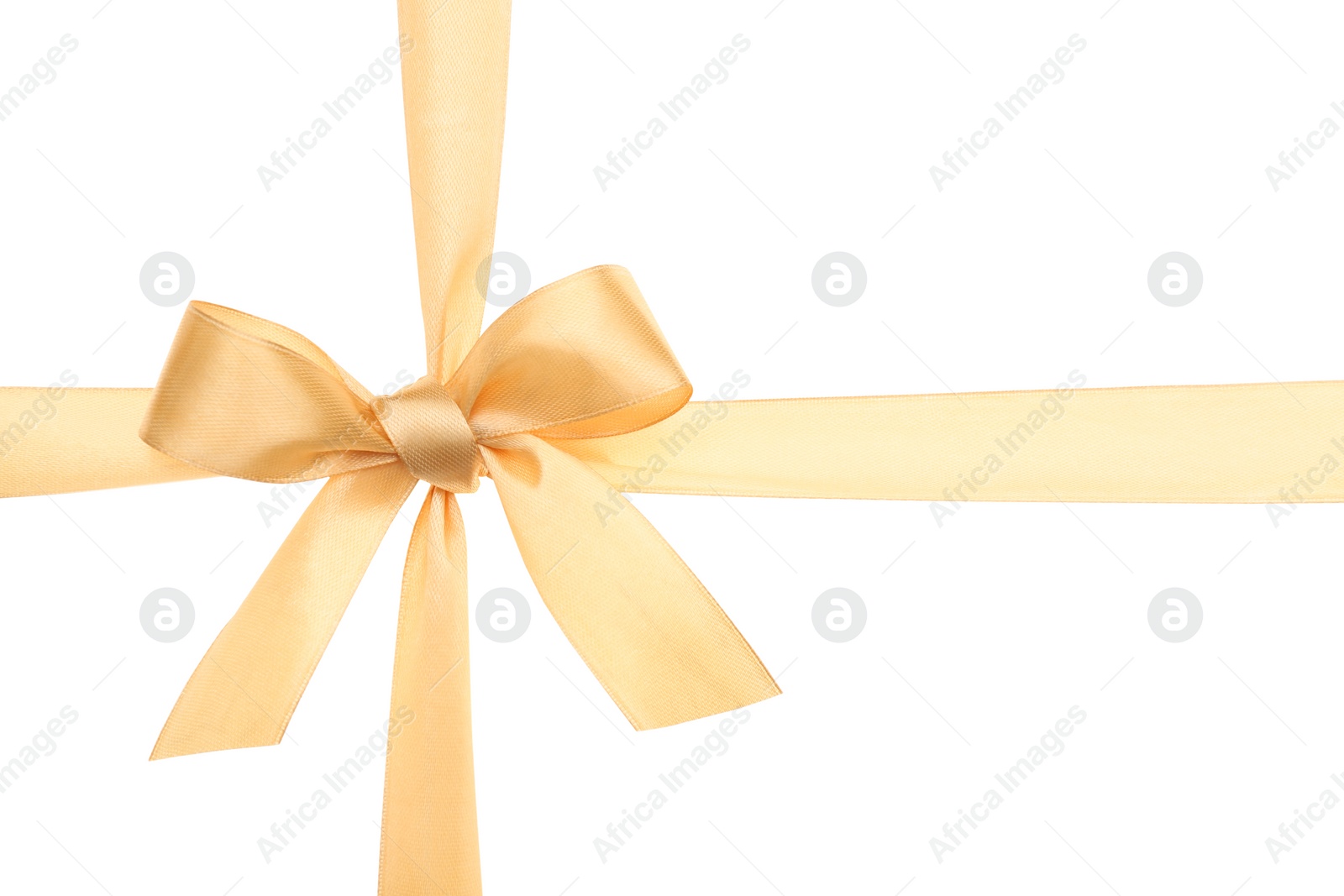 Photo of Yellow ribbon with bow  on white background. Decoration for gift box