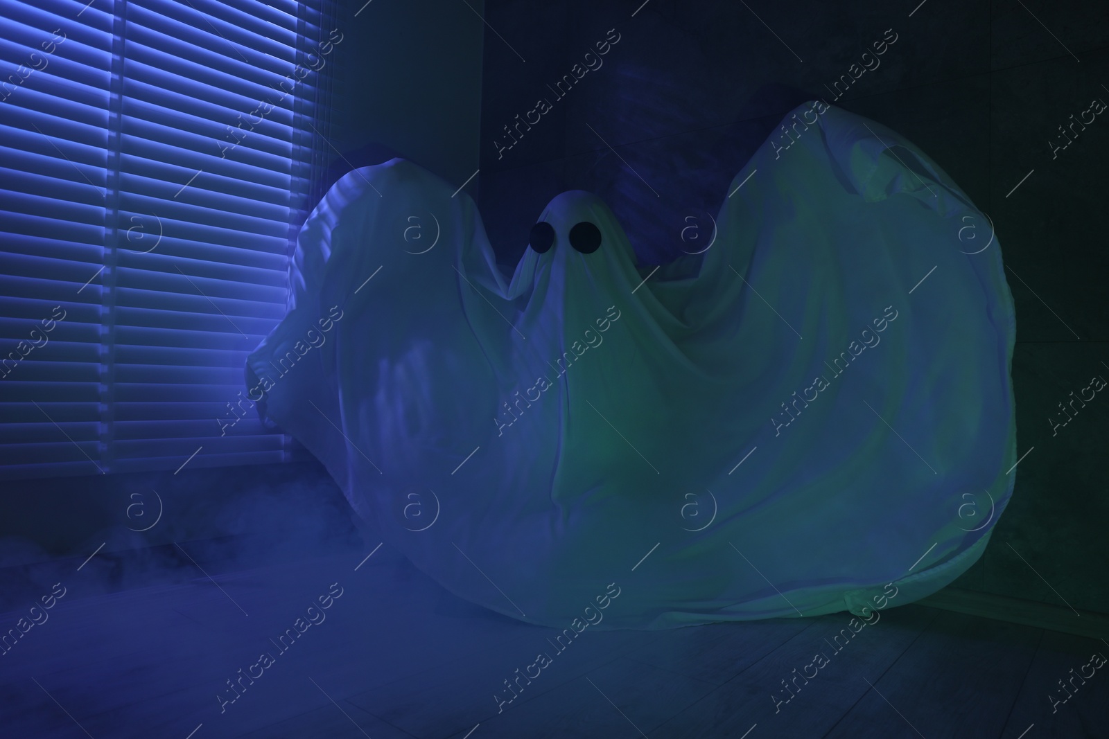 Photo of Creepy ghost. Woman covered with sheet near window in blue light