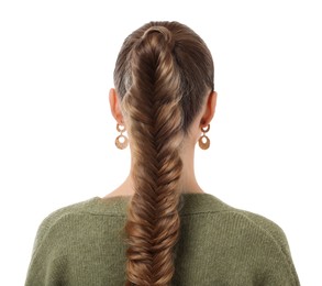 Photo of Woman with braided hair on white background, back view