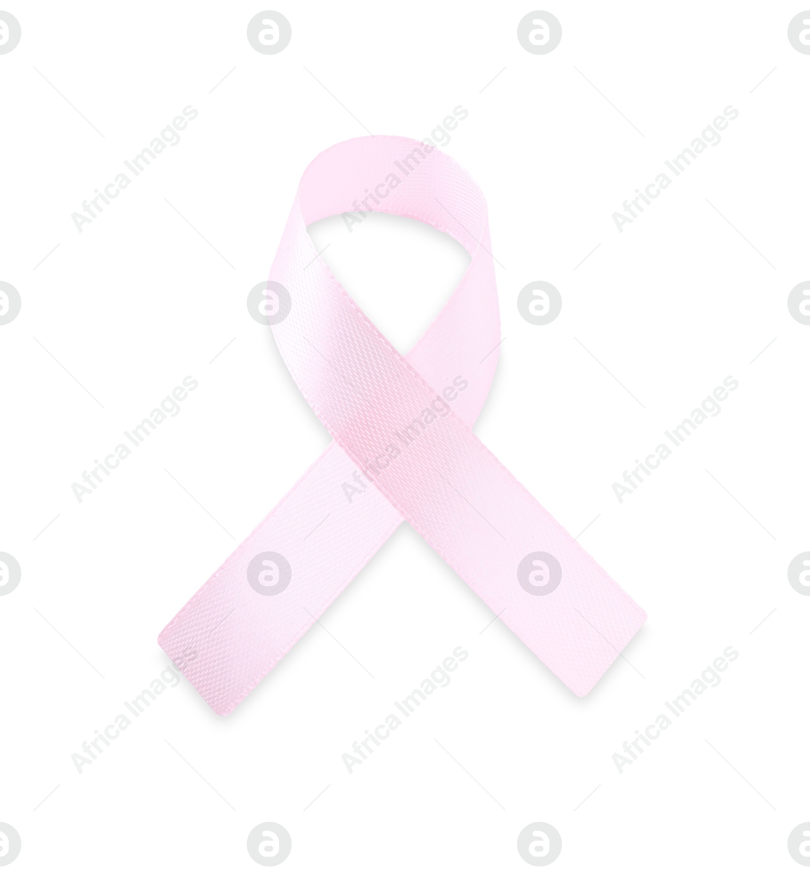 Photo of Pink awareness ribbon isolated on white, top view