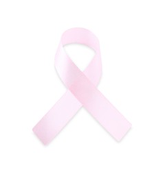 Photo of Pink awareness ribbon isolated on white, top view