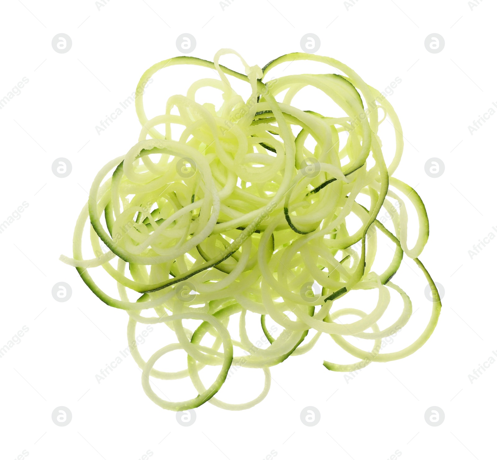 Photo of Delicious fresh zucchini pasta on white background, top view