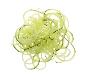 Photo of Delicious fresh zucchini pasta on white background, top view