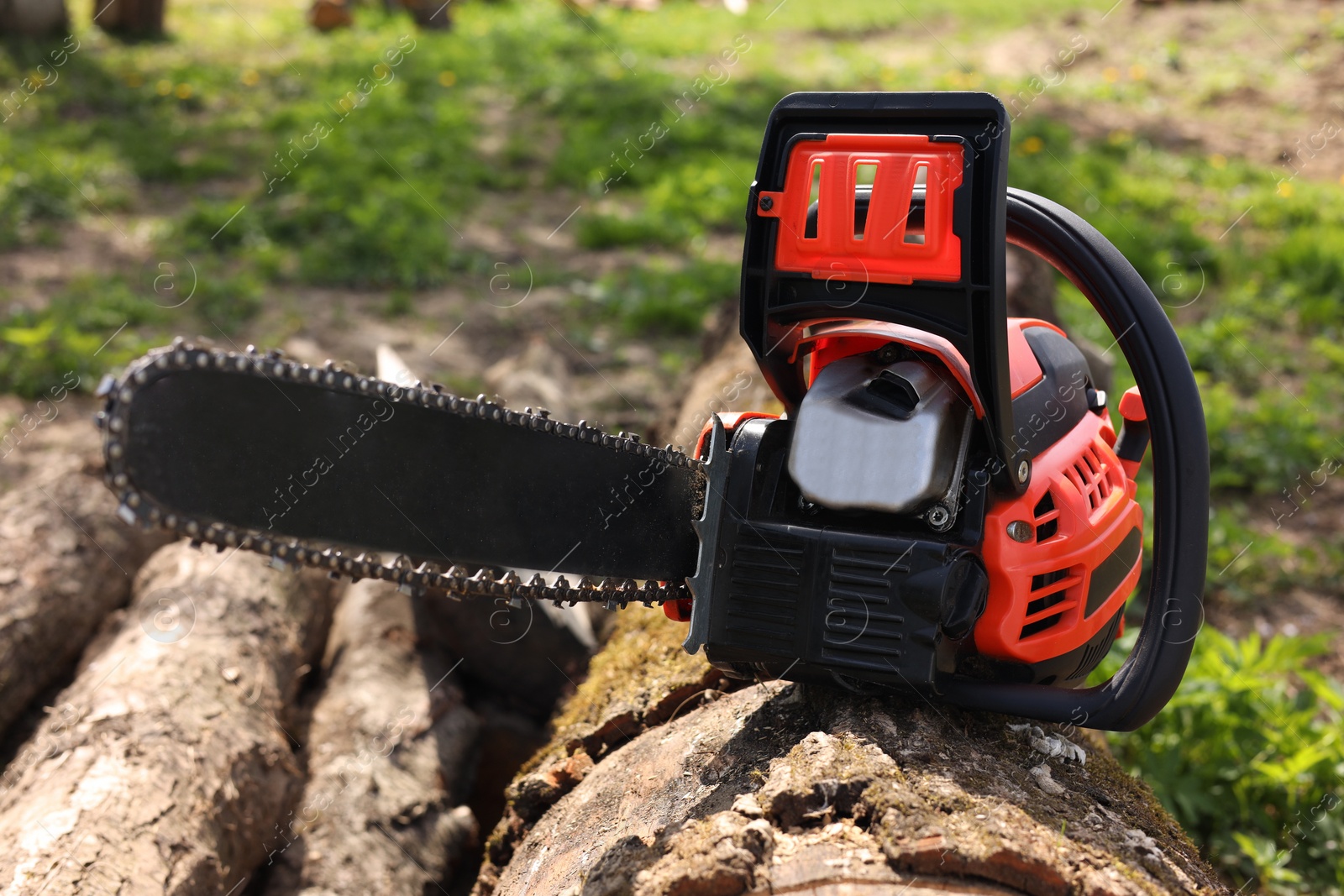 Photo of One modern saw on wooden log outdoors