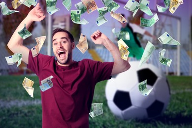Image of Sports betting. Emotional winner under money shower. Stadium with ball on background