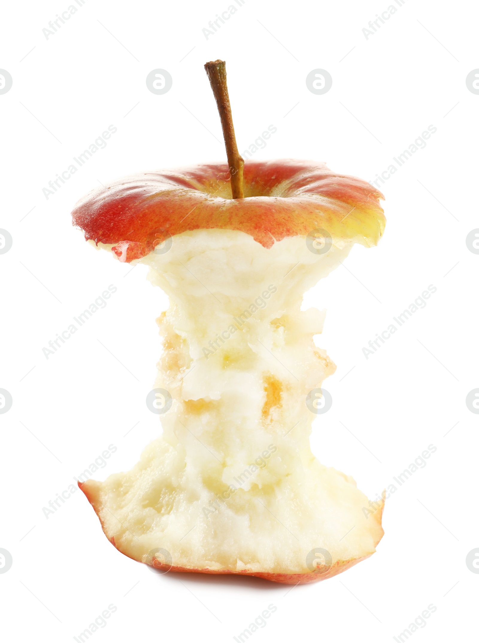 Photo of Half-eaten red apple on white background