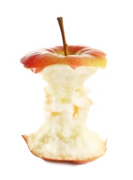 Half-eaten red apple on white background