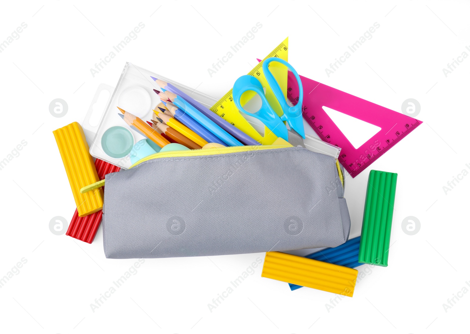 Photo of Many different school stationery isolated on white, top view