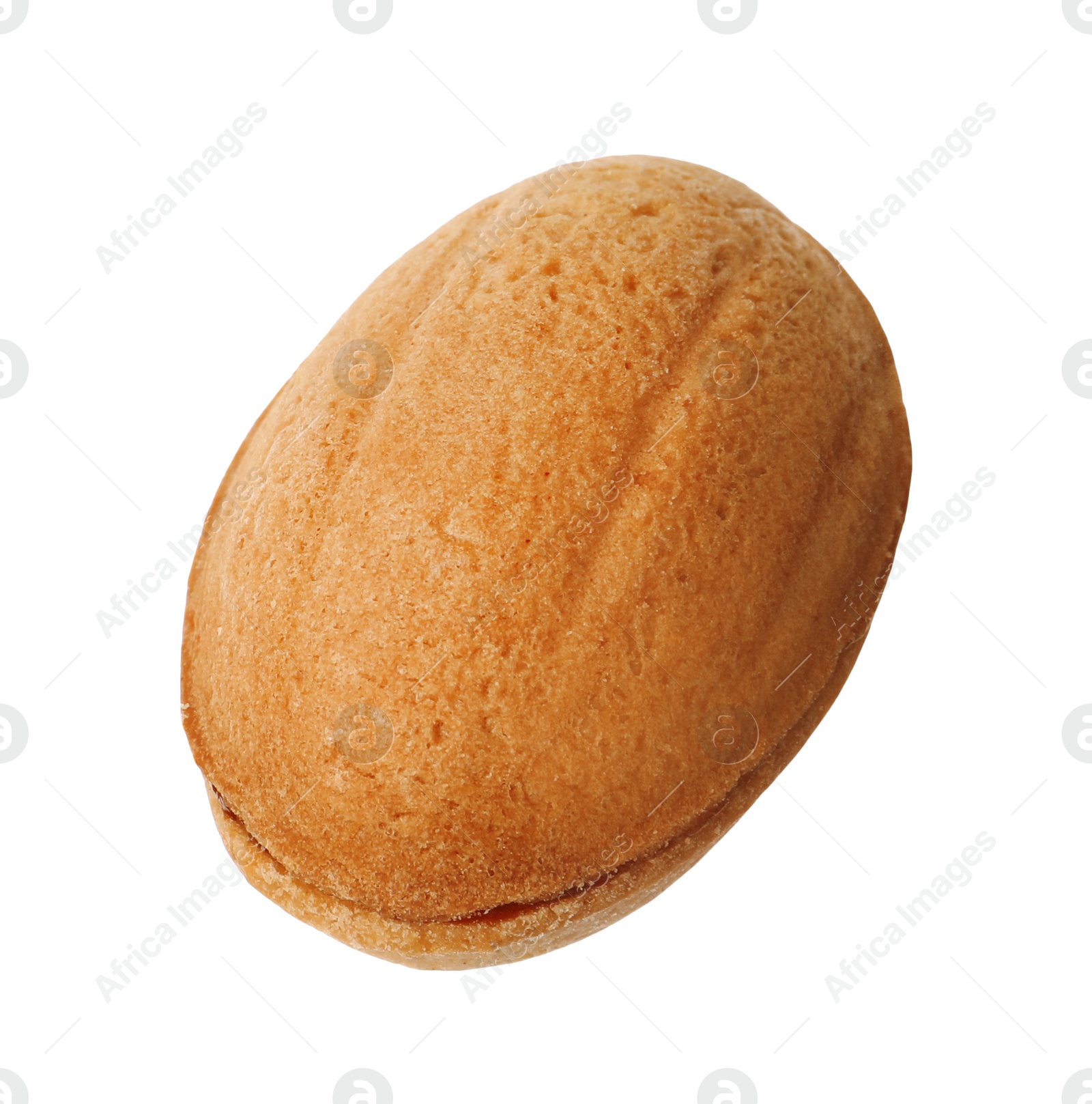 Photo of Delicious nut shaped cookie with boiled condensed milk isolated on white