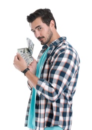 Photo of Handsome young man with dollars on white background