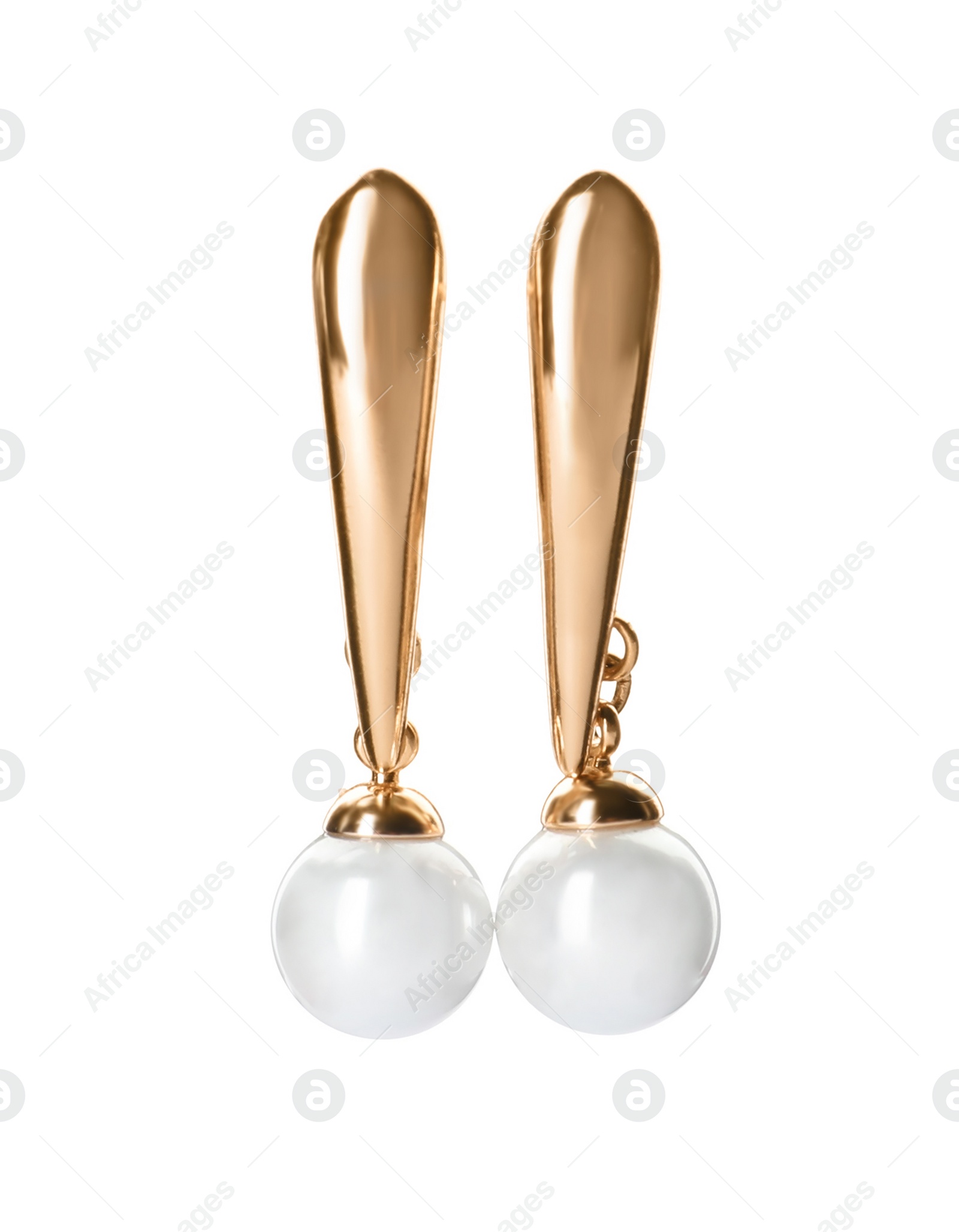 Photo of Elegant golden earrings with pearls on white background