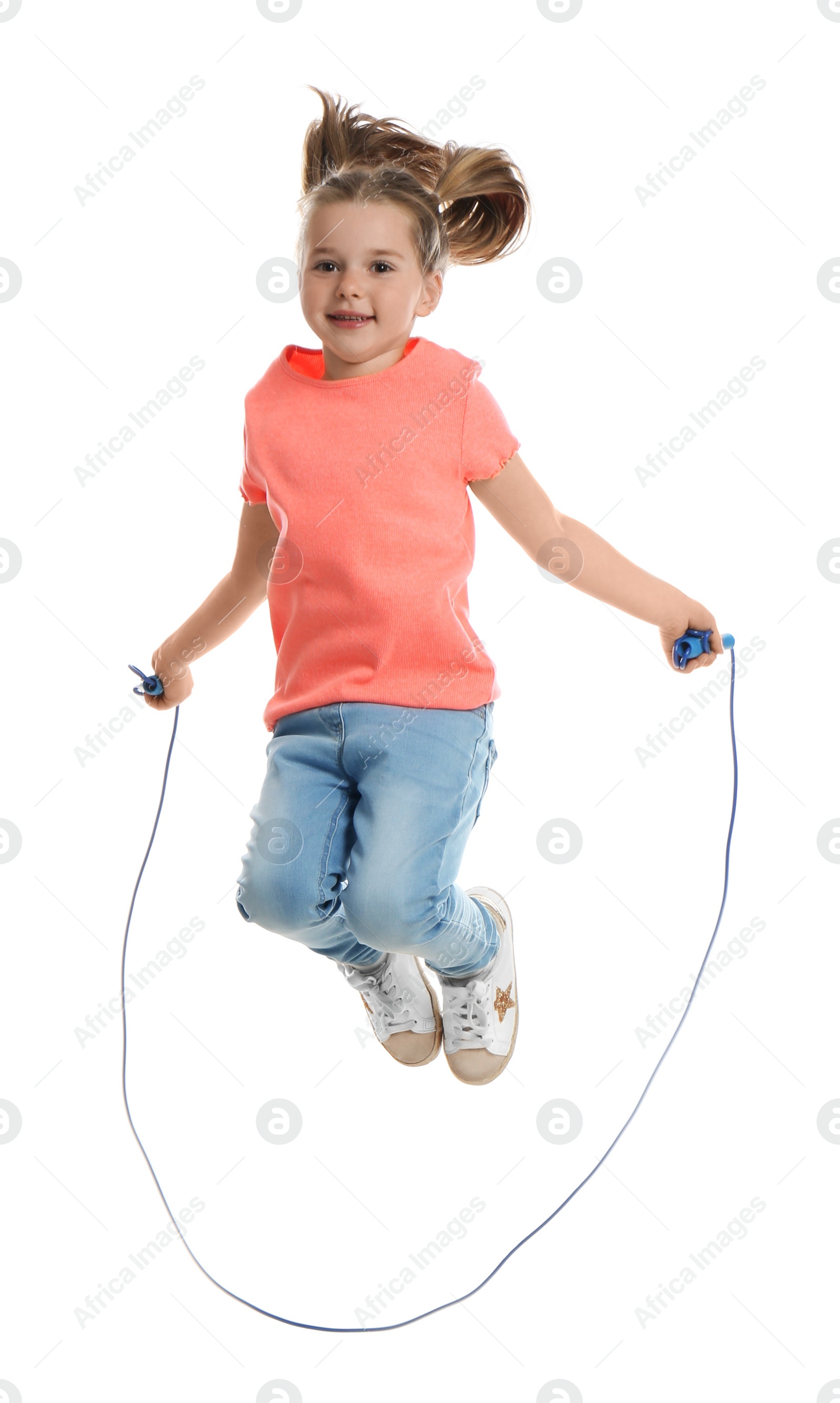 Photo of Cute little girl with jump rope on white background