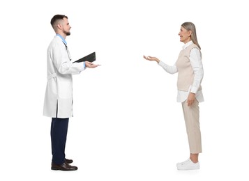 Image of Doctor and senior woman talking on white background. Dialogue