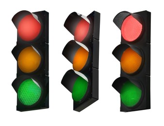Collage of traffic signal with glowing lights (red, orange, green) isolated on white