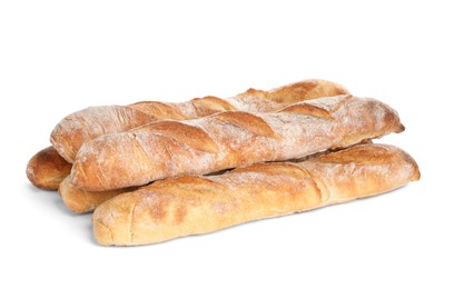 Photo of Crispy French baguettes on white background. Fresh bread