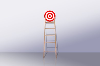 Image of Target and achievement concept. Wooden ladder leading to bullseye near wall