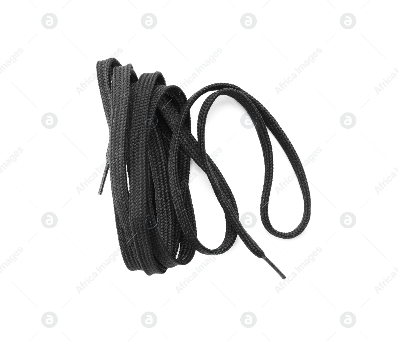 Photo of Long black shoe lace isolated on white, top view