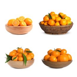 Set of fresh ripe tangerines on white background