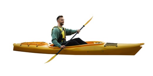 Man with paddle in kayak on white background