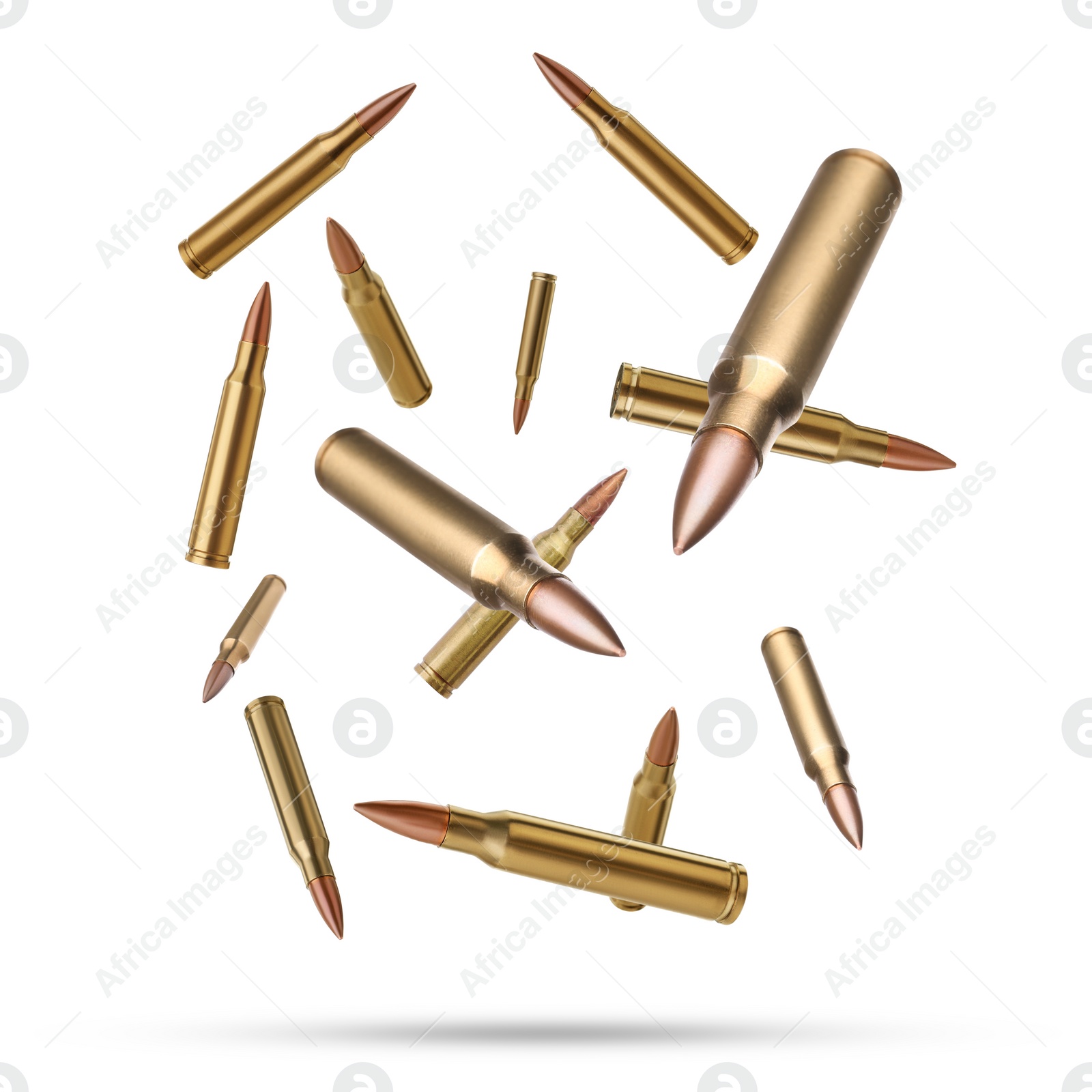 Image of Many bullets falling on white background. Firearm ammunition