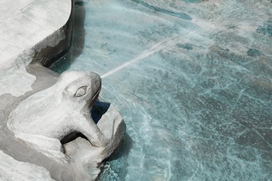 Closeup view of frog shaped fountain on sunny day