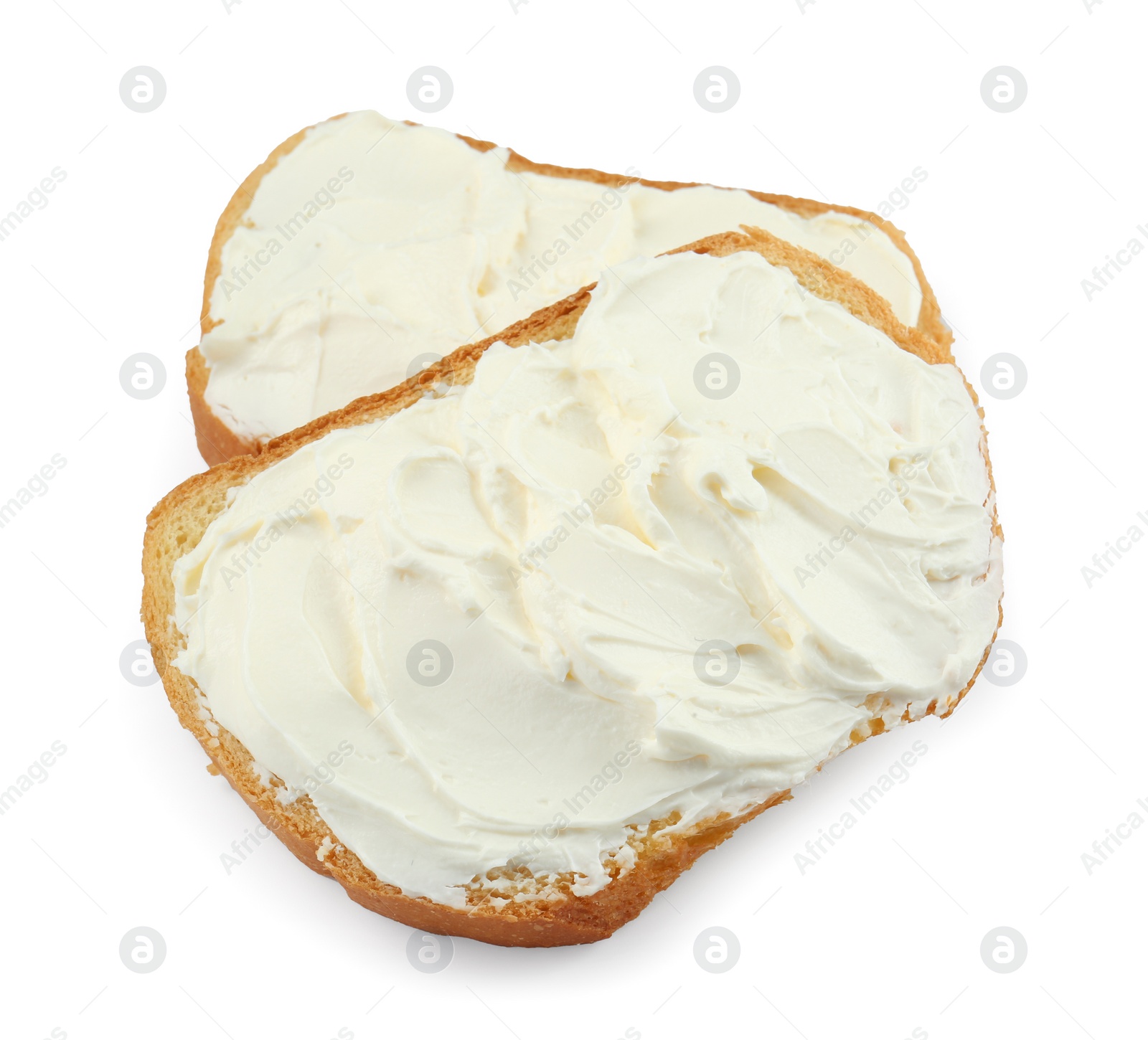 Photo of Slices of bread with cream cheese isolated on white, top view