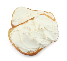 Photo of Slices of bread with cream cheese isolated on white, top view