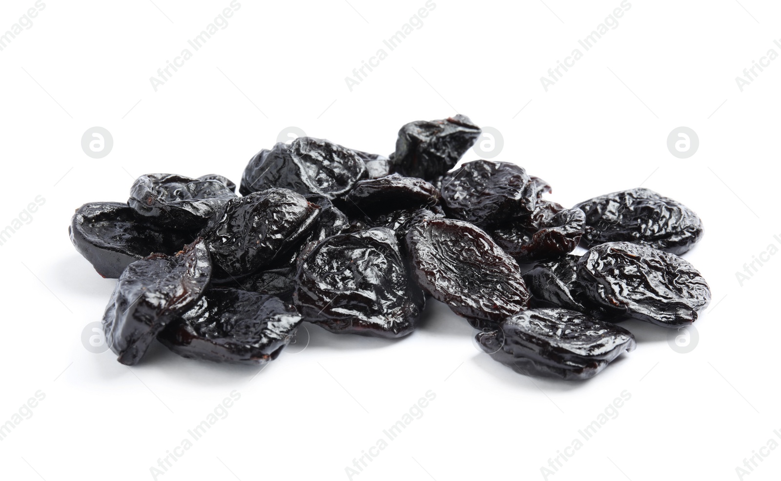 Photo of Heap of tasty prunes on white background. Dried fruit as healthy snack