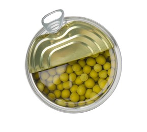 Photo of Open tin can of peas isolated on white, top view