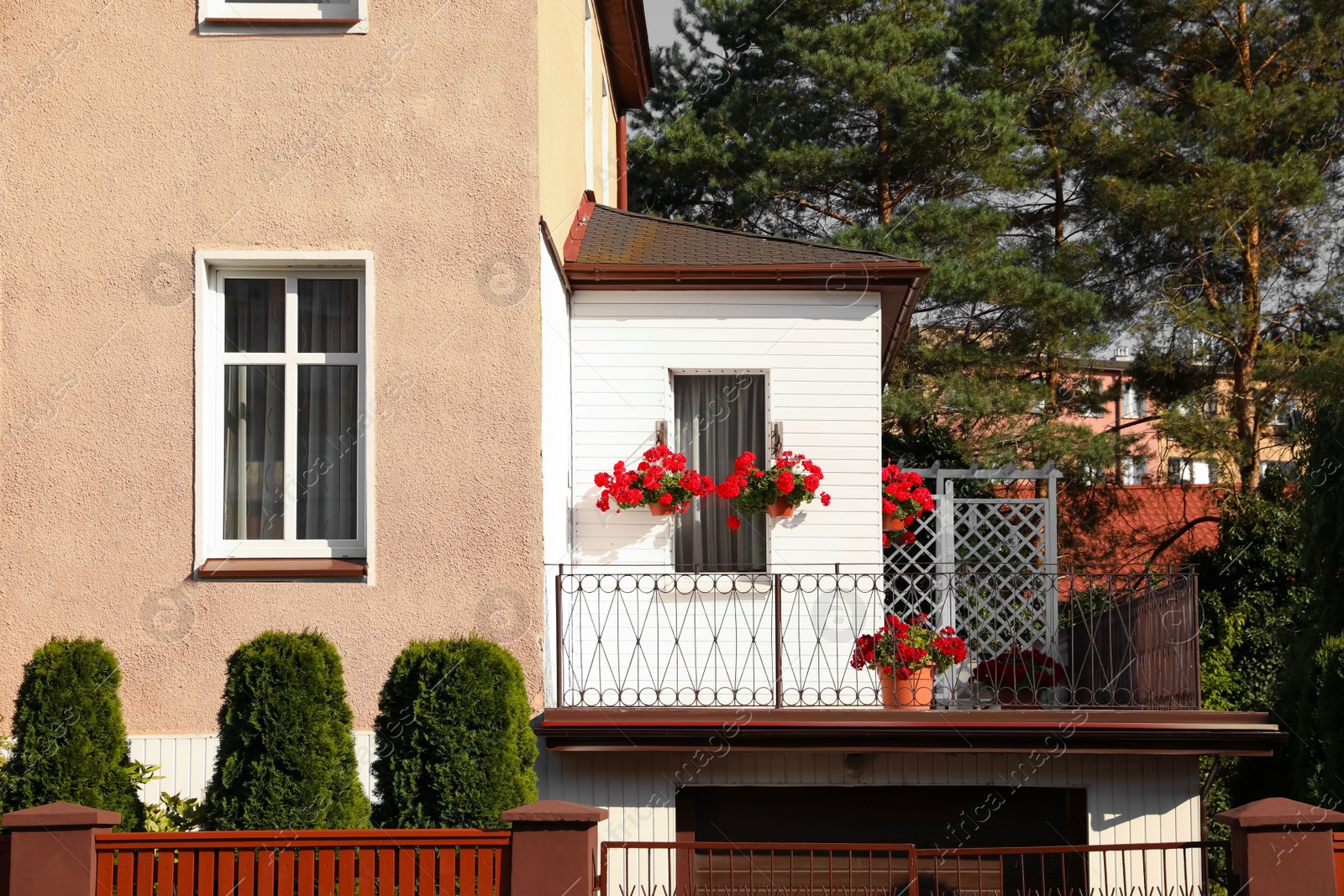 Photo of Exterior of beautiful building with balcony outdoors