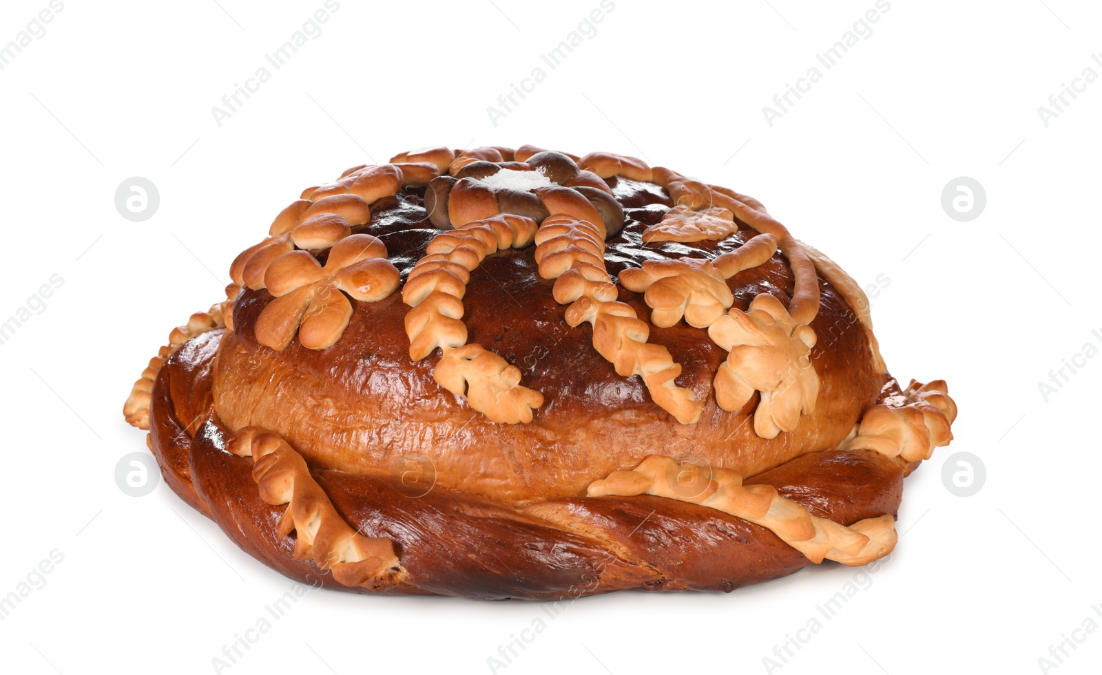 Photo of Korovai isolated on white. Ukrainian bread and salt welcoming tradition