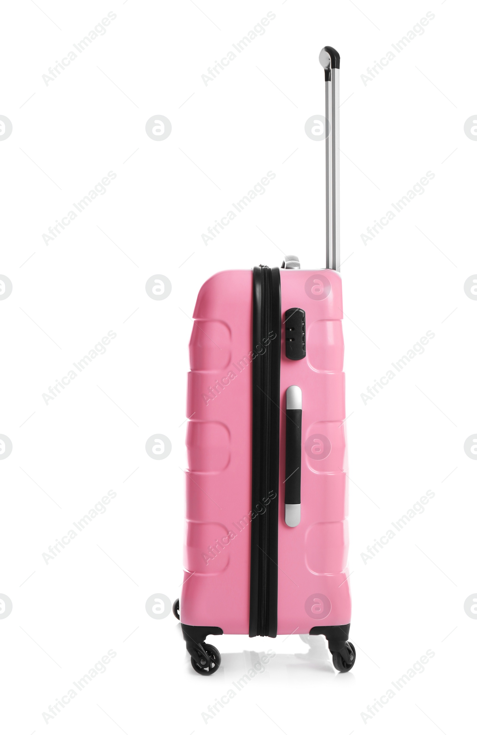 Photo of Trendy pink suitcase on white background