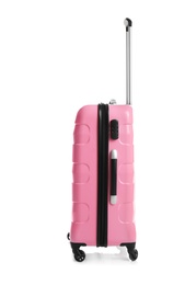 Trendy pink suitcase on white background