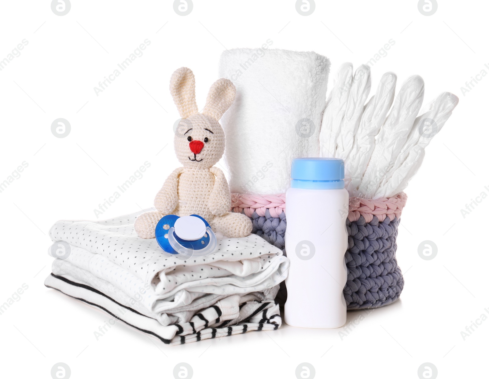 Photo of Set of baby accessories on white background